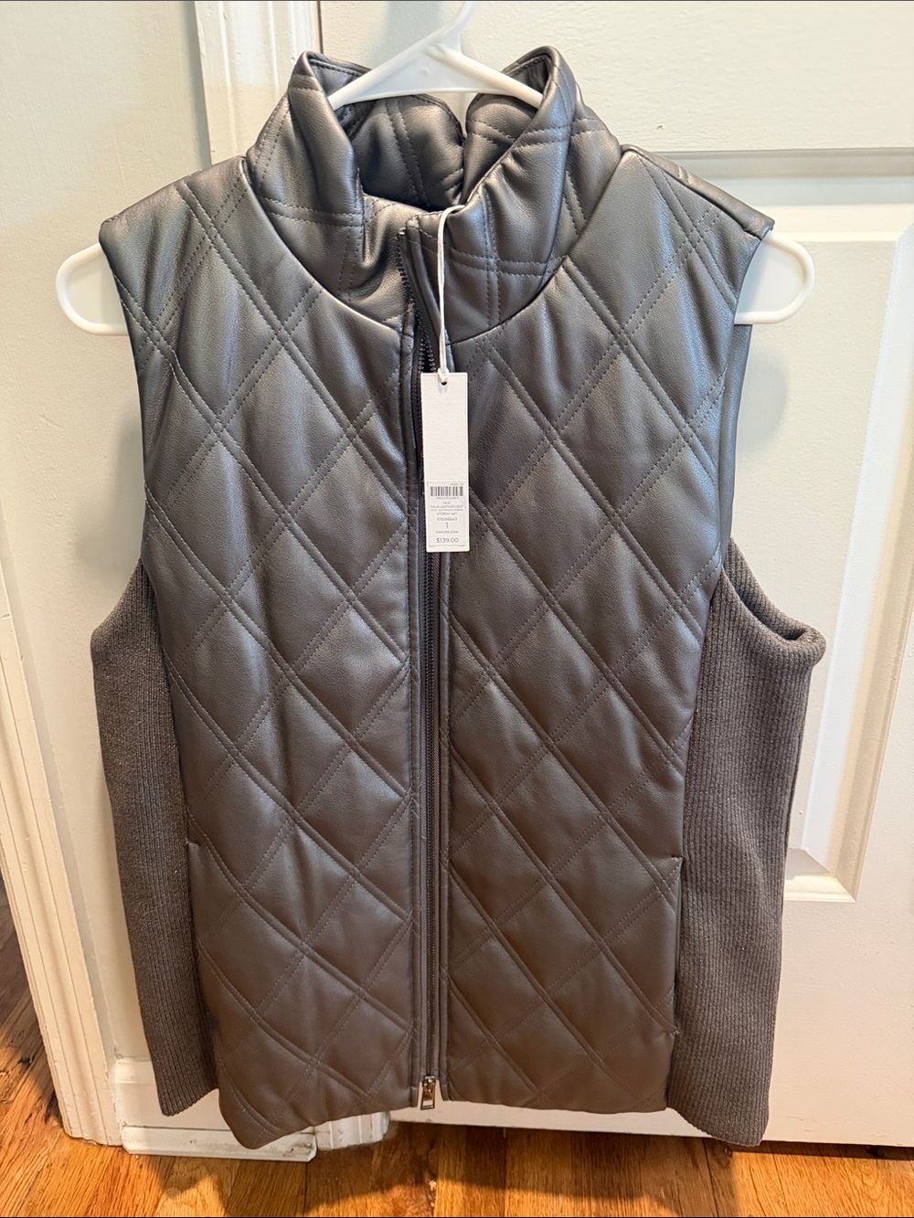 Chico's Quilted Faux-Leather Sleeveless Vest in Charcoal Gray